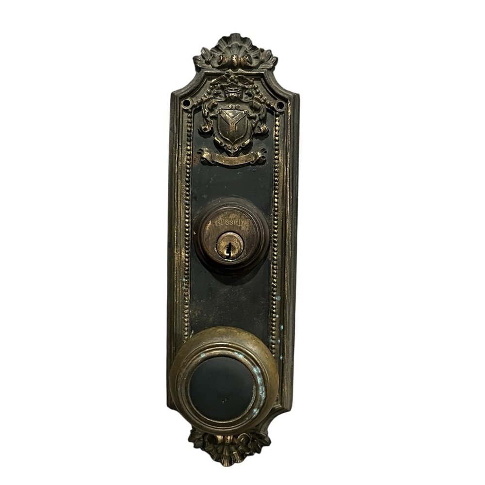 Antique 1900’s Eagle Crest Ornate Forged Brass Door Knob Backplate Russwin Lock